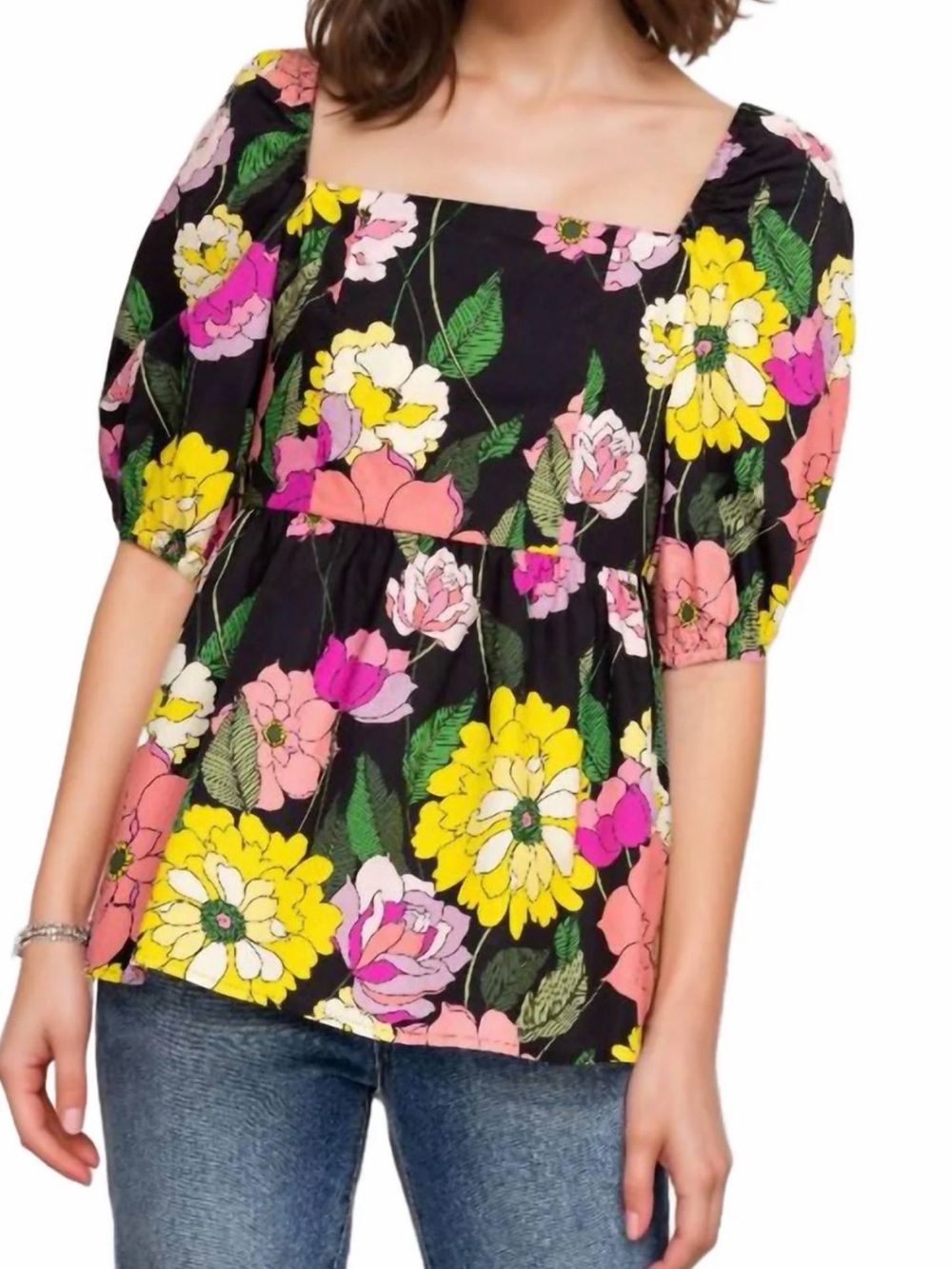 Johnny Was Jade Marisol Blouse Floral 3/4 Puff Sleeve Peplum Black Pink Large